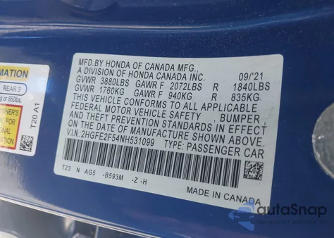 2022 Honda Civic Sport from USA, damaged, VIN 2HGFE2F54NH531099